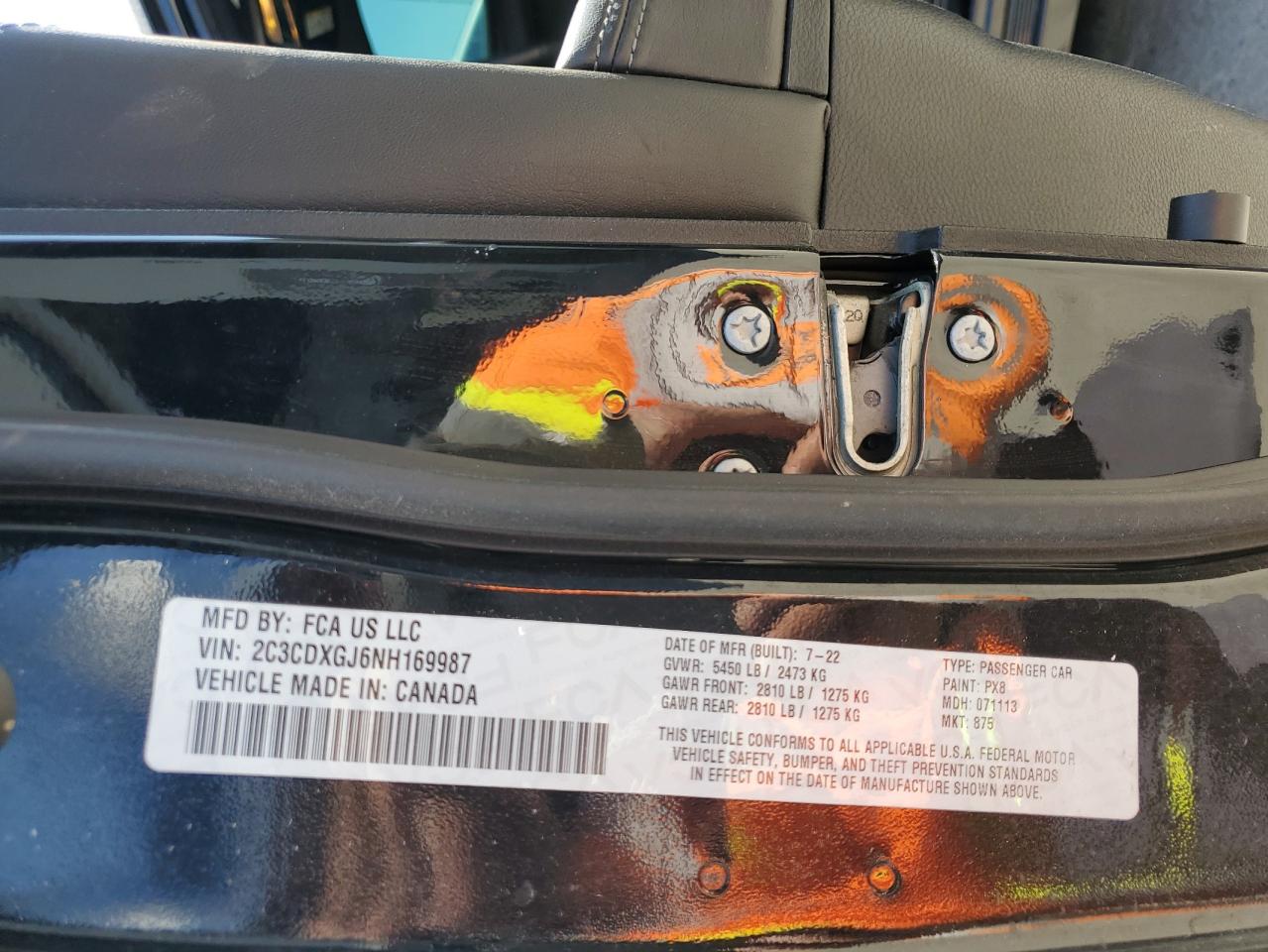 2022 DODGE CHARGER SCAT PACK VIN:2C3CDXGJ6NH169987