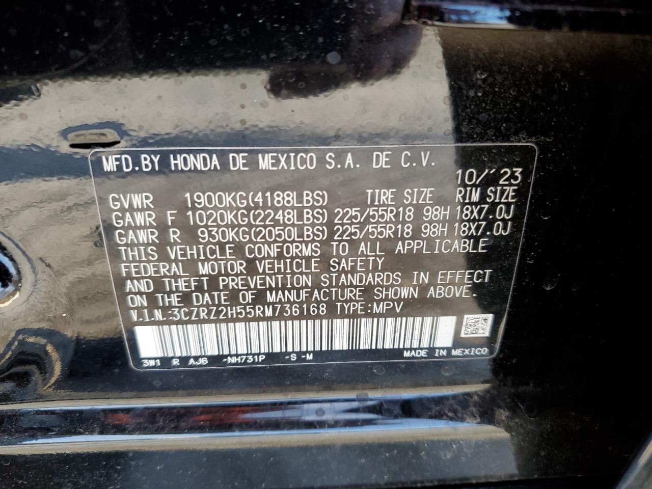 2024 HONDA HR-V SPORT VIN:3CZRZ2H55RM736168