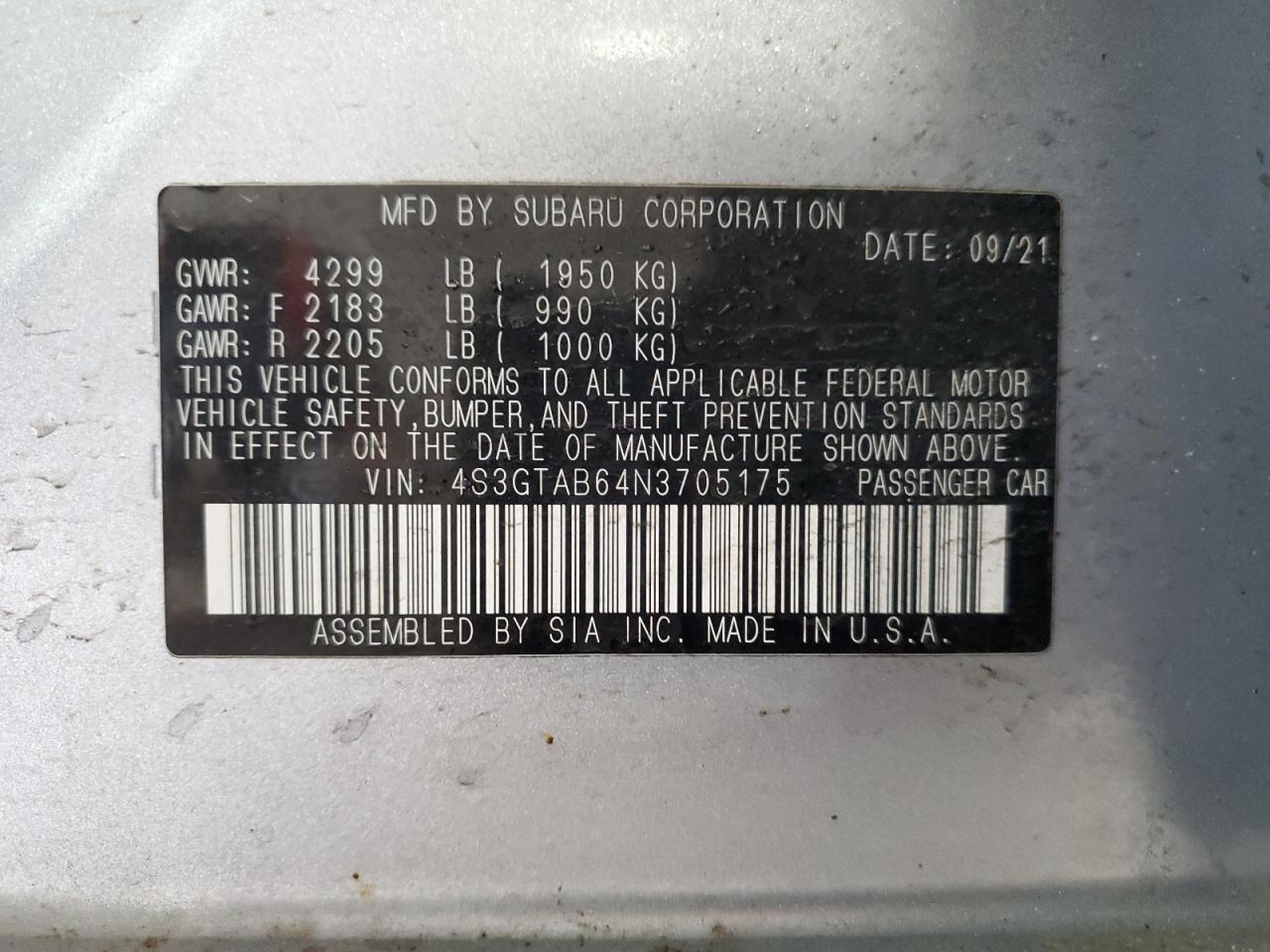 2022 SUBARU IMPREZA  VIN:4S3GTAB64N3705175