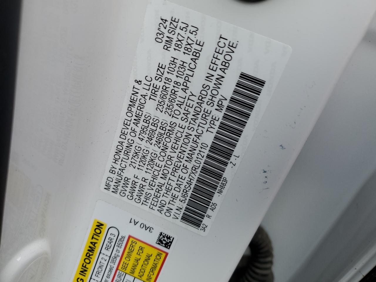 2024 HONDA CR-V EXL VIN:5J6RS4H7XRL012110