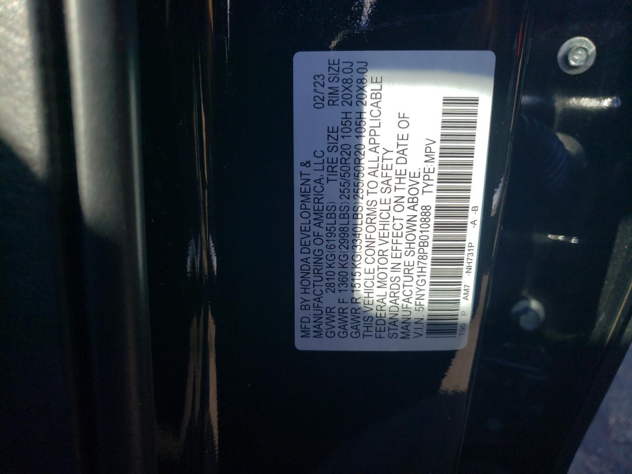 2023 HONDA PILOT TOURING VIN:5FNYG1H78PB010888