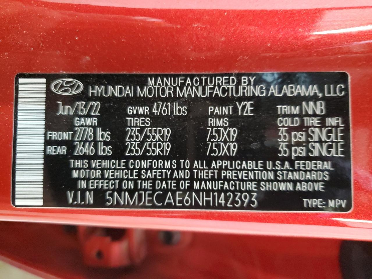 2022 HYUNDAI TUCSON LIMITED VIN:5NMJECAE6NH142393