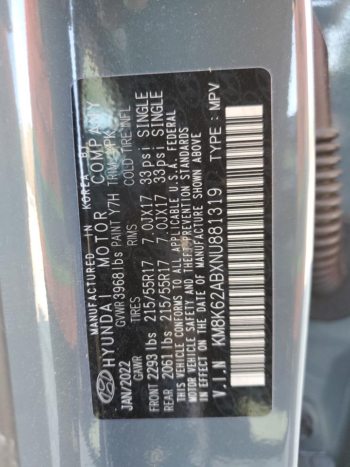 2022 HYUNDAI KONA SEL VIN:KM8K62ABXNU881319