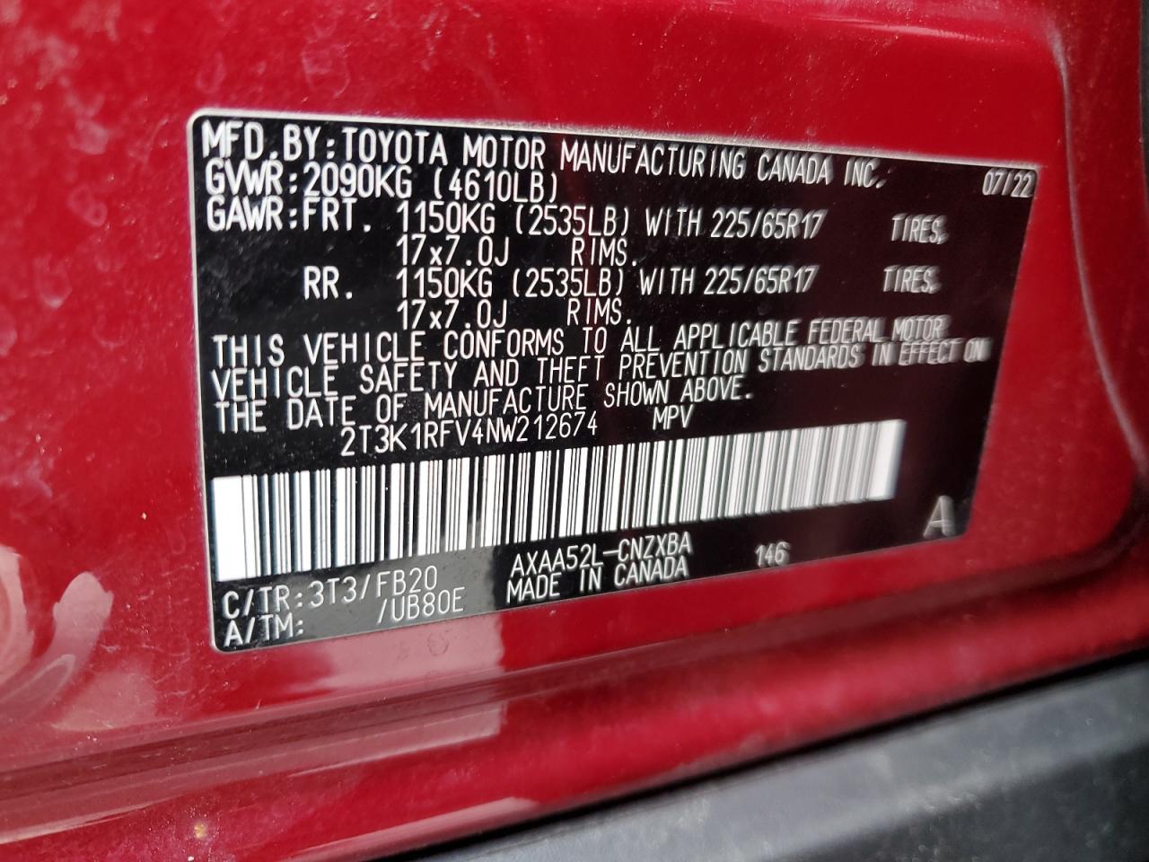 2022 TOYOTA RAV4 LE VIN:2T3K1RFV4NW212674