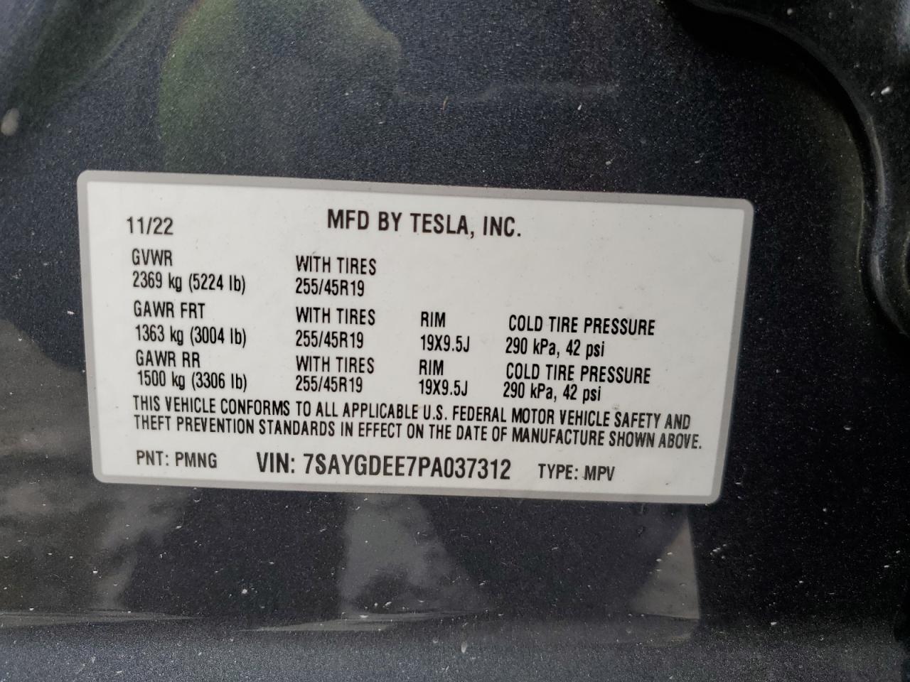 2023 TESLA MODEL Y  VIN:7SAYGDEE7PA037312