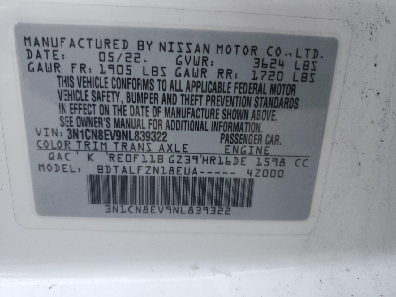 2022 NISSAN VERSA SV VIN:3N1CN8EV9NL839322