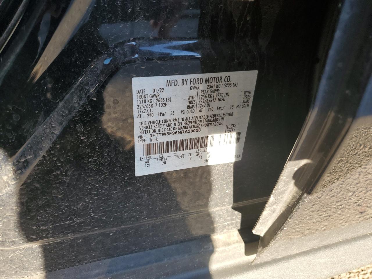 2022 FORD MAVERICK XL VIN:3FTTW8F96NRA30028