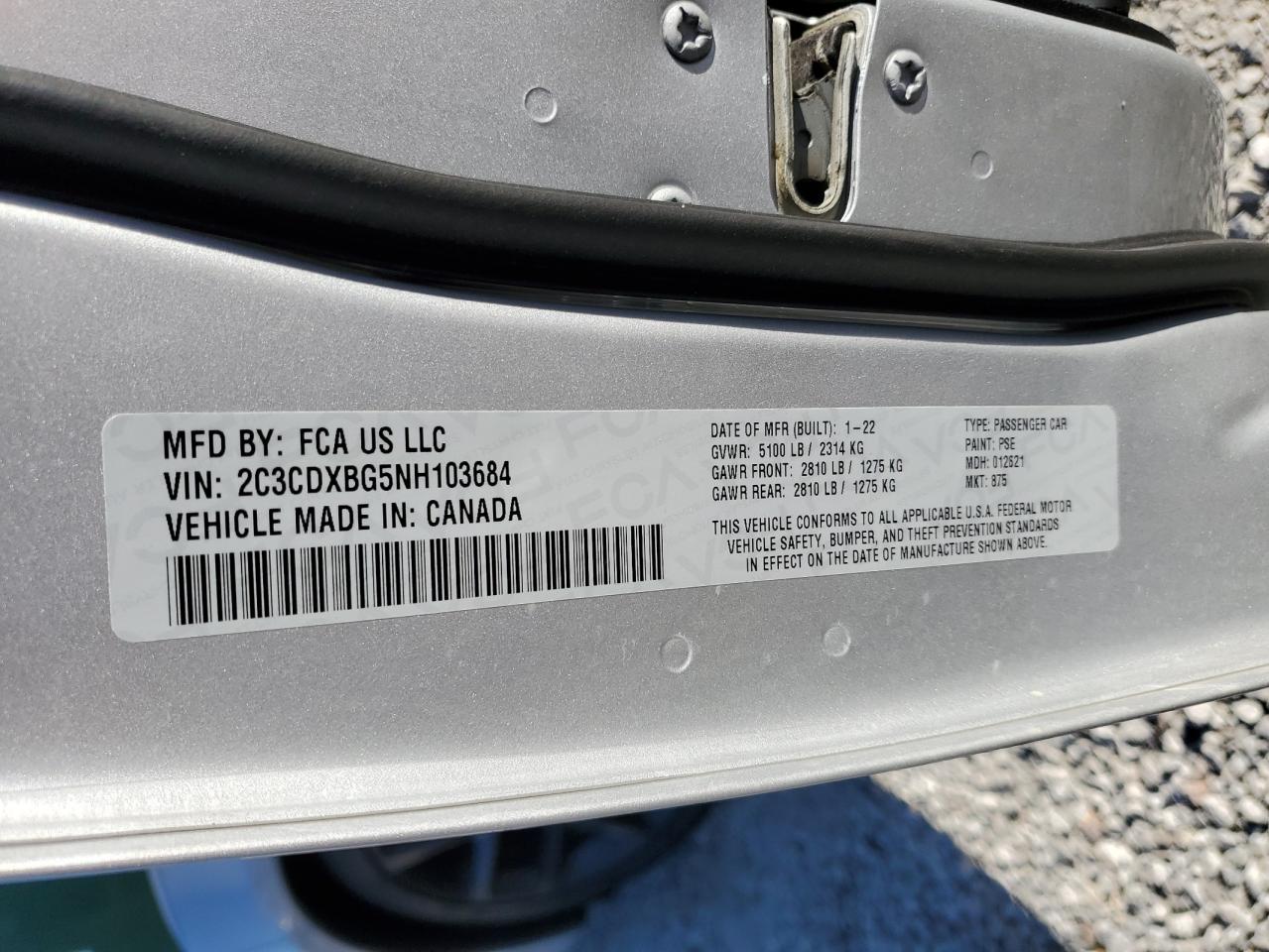 2022 DODGE CHARGER SXT VIN:2C3CDXBG5NH103684