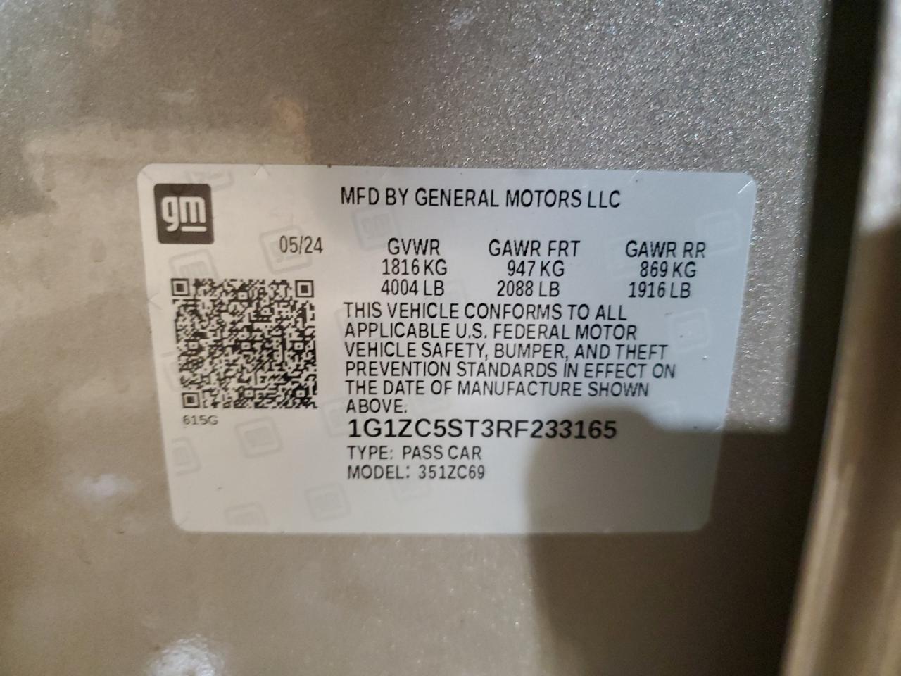 2024 CHEVROLET MALIBU LS VIN:1G1ZC5ST3RF233165