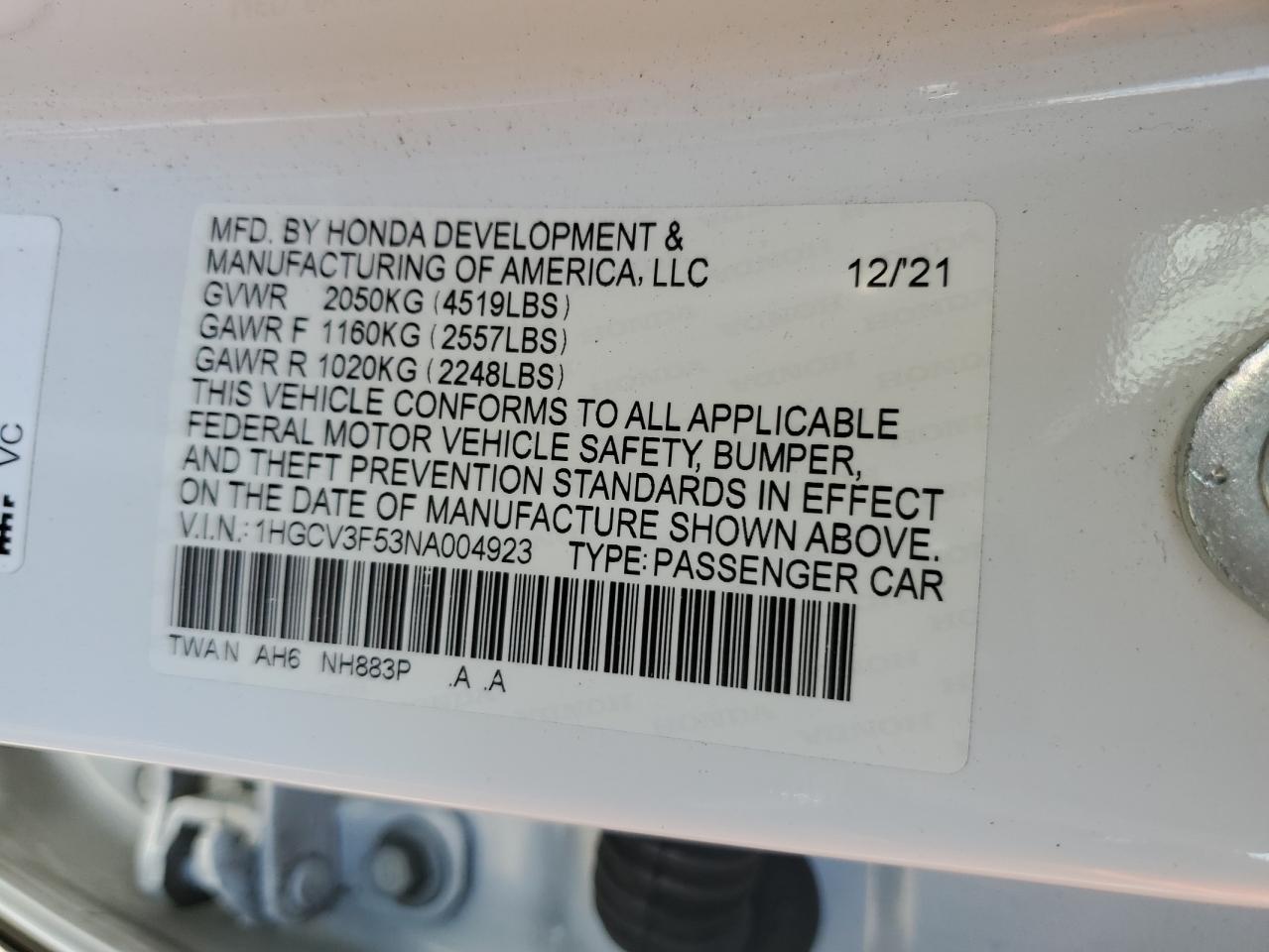 2022 HONDA ACCORD HYBRID EXL VIN:1HGCV3F53NA004923