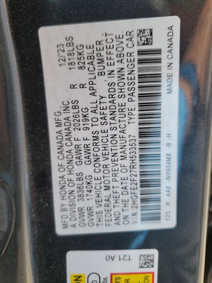 2024 HONDA CIVIC LX VIN:2HGFE2F27RH533537