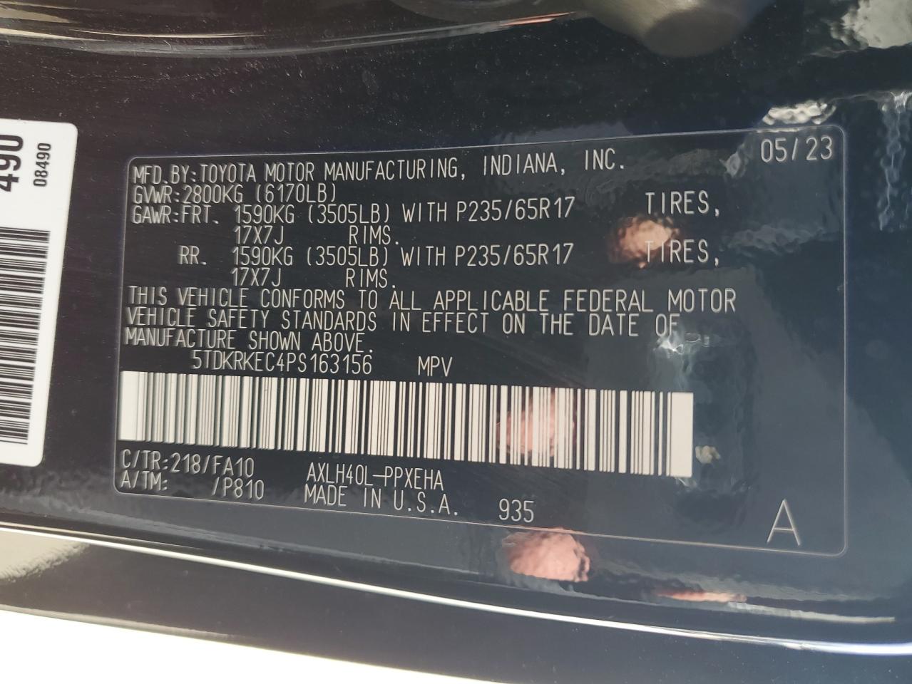 2023 TOYOTA SIENNA LE VIN:5TDKRKEC4PS163156