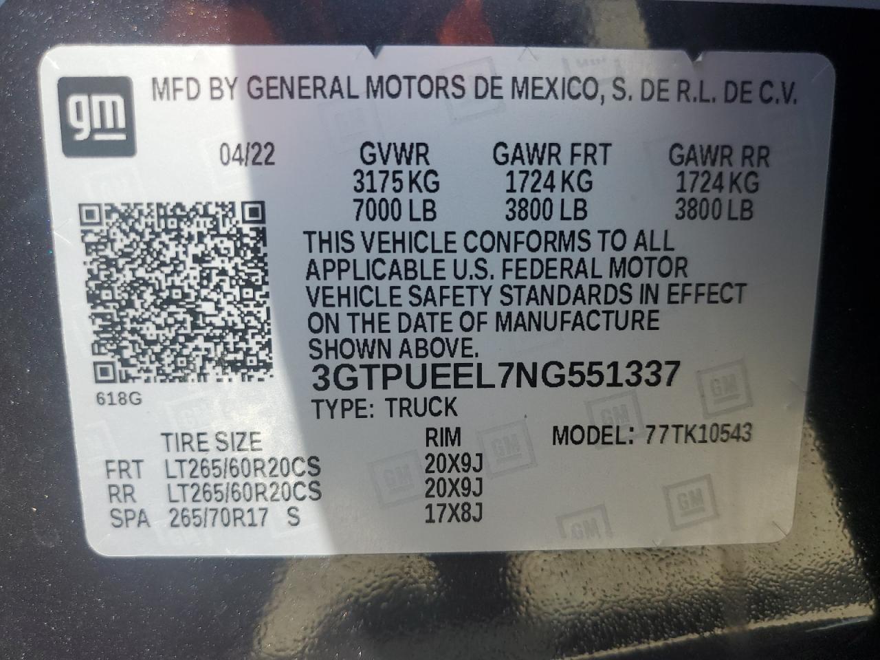 2022 GMC SIERRA K1500 AT4 VIN:3GTPUEEL7NG551337