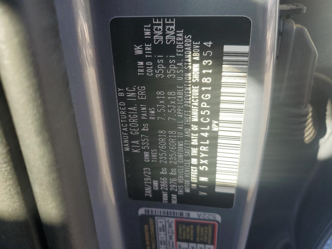 2023 KIA SORENTO S VIN:5XYRL4LC5PG181354