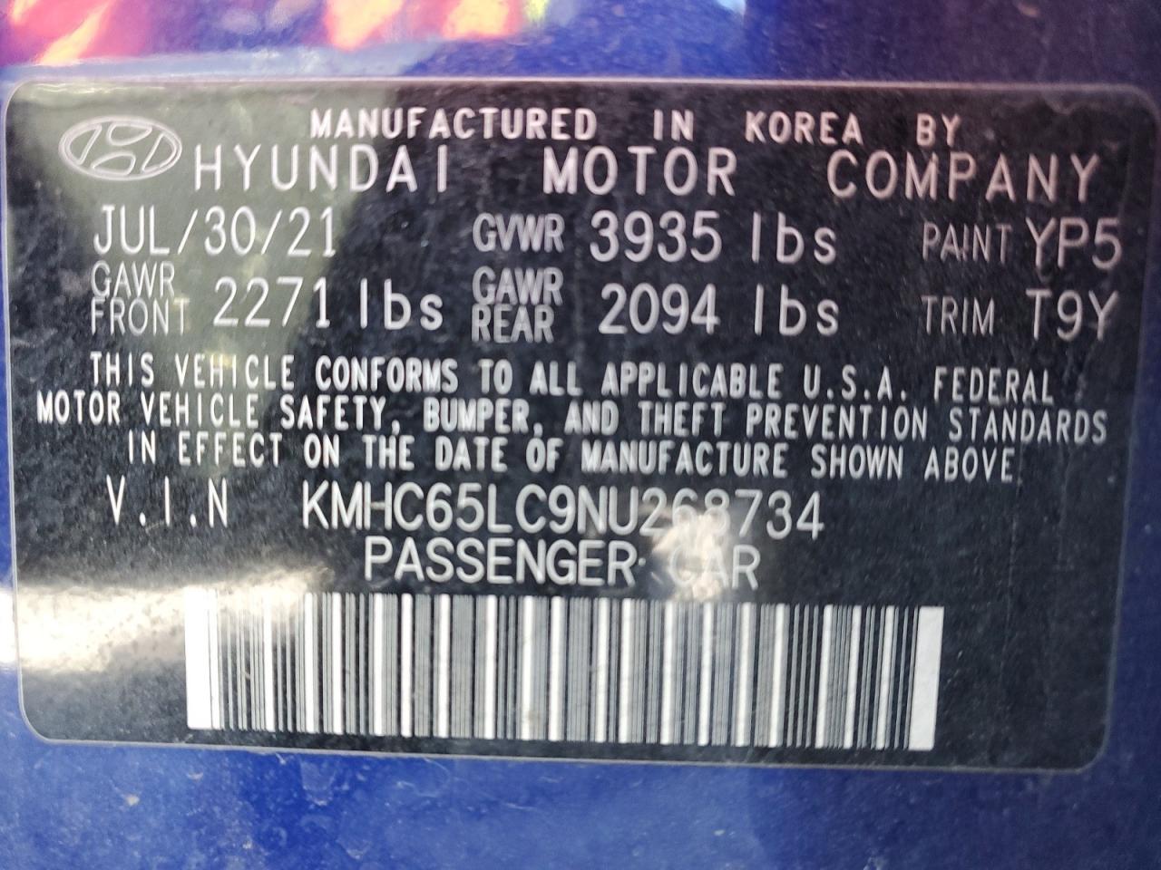 2022 HYUNDAI IONIQ BLUE VIN:KMHC65LC9NU268734