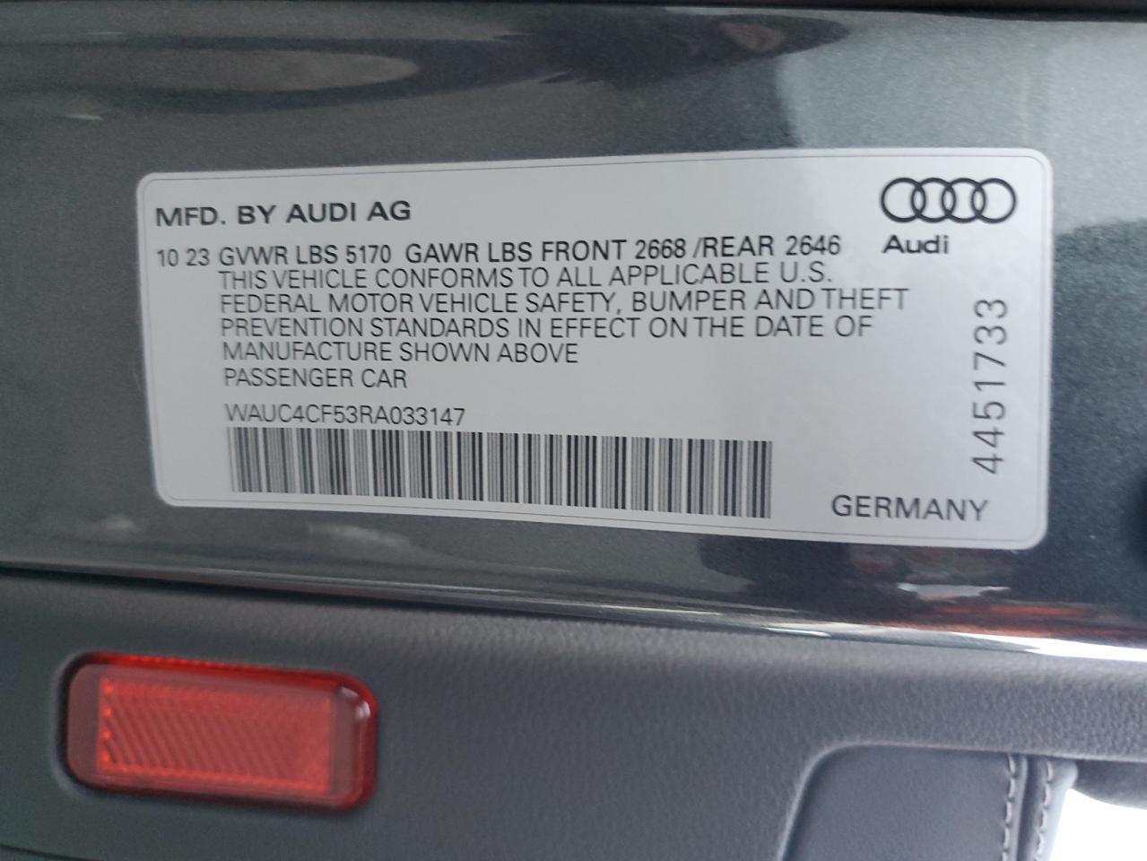 2024 AUDI S5 PREMIUM PLUS VIN:WAUC4CF53RA033147