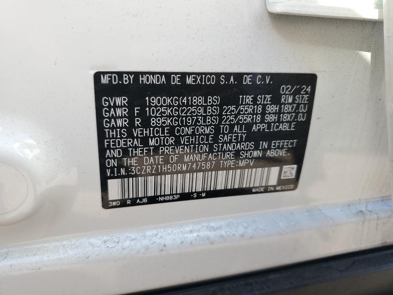 2024 HONDA HR-V SPORT VIN:3CZRZ1H50RM747587