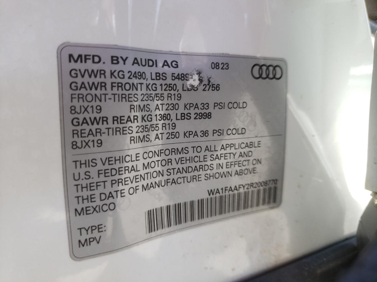 2024 AUDI Q5 PRESTIGE 45 VIN:WA1FAAFY2R2008770