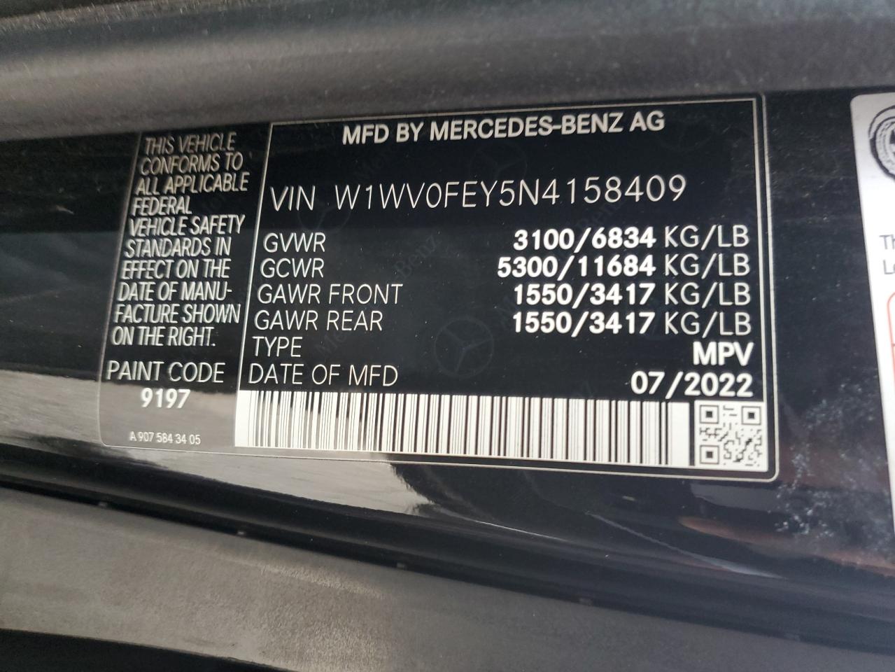 2022 MERCEDES-BENZ METRIS  VIN:W1WV0FEY5N4158409