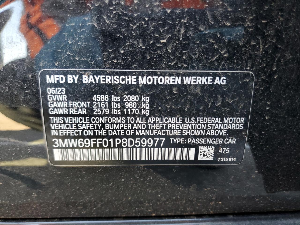 2023 BMW 330I  VIN:3MW69FF01P8D59977