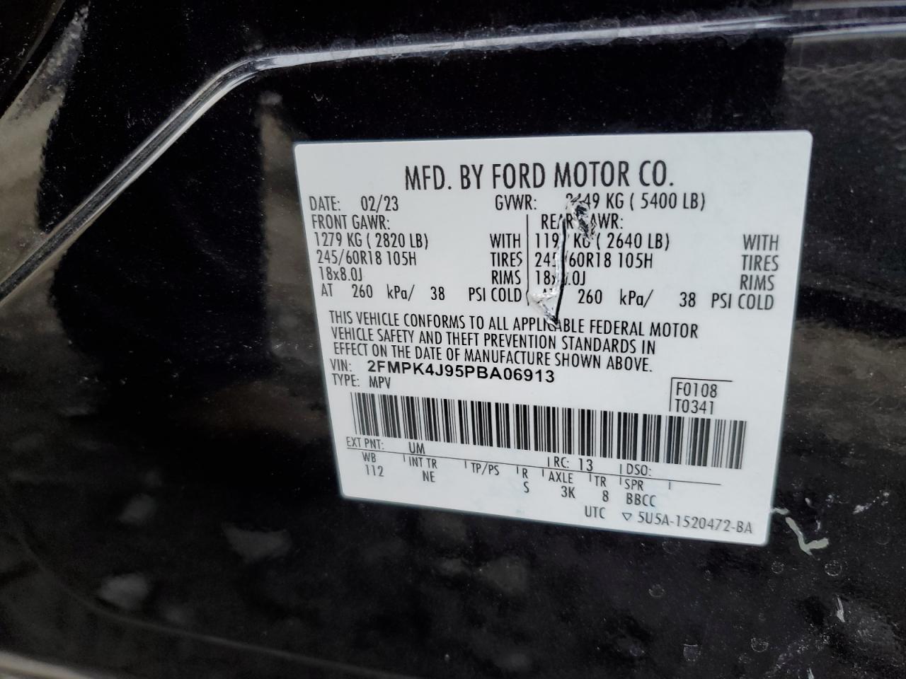 2023 FORD EDGE SEL VIN:2FMPK4J95PBA06913