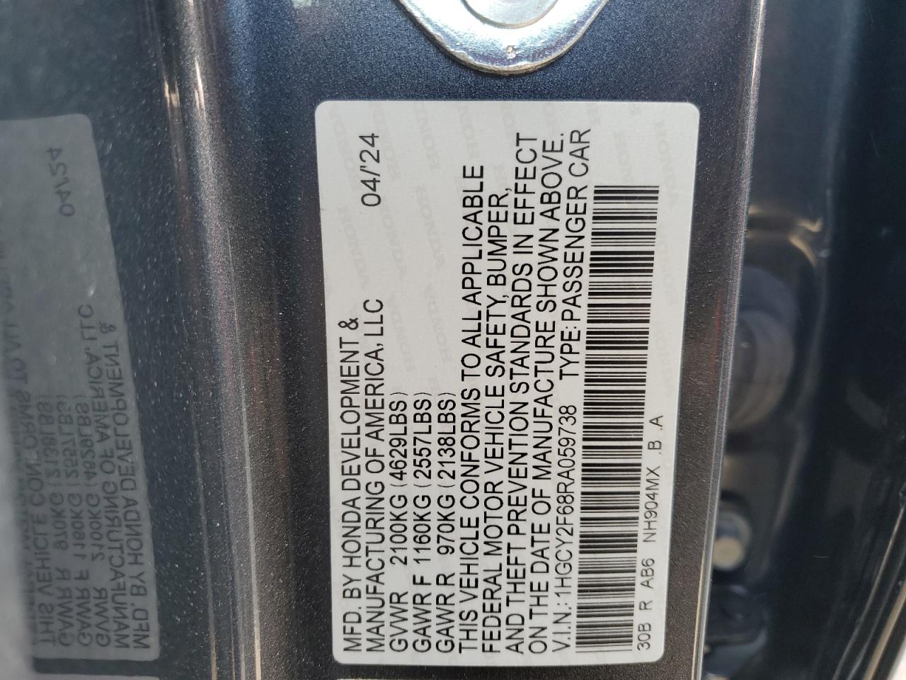 2024 HONDA ACCORD HYBRID EXL VIN:1HGCY2F68RA059738