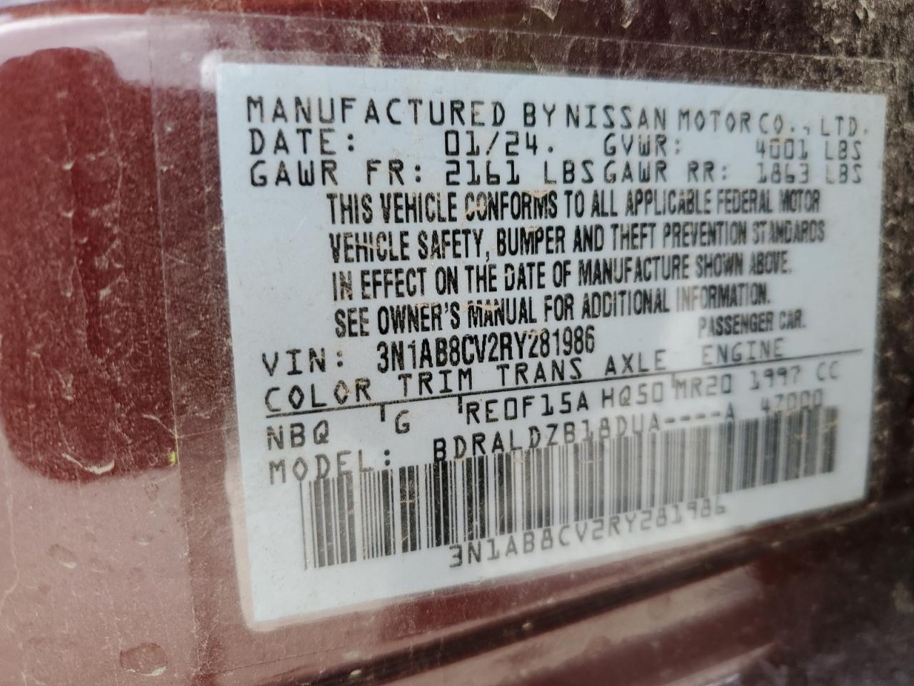 2024 NISSAN SENTRA SV VIN:3N1AB8CV2RY281986