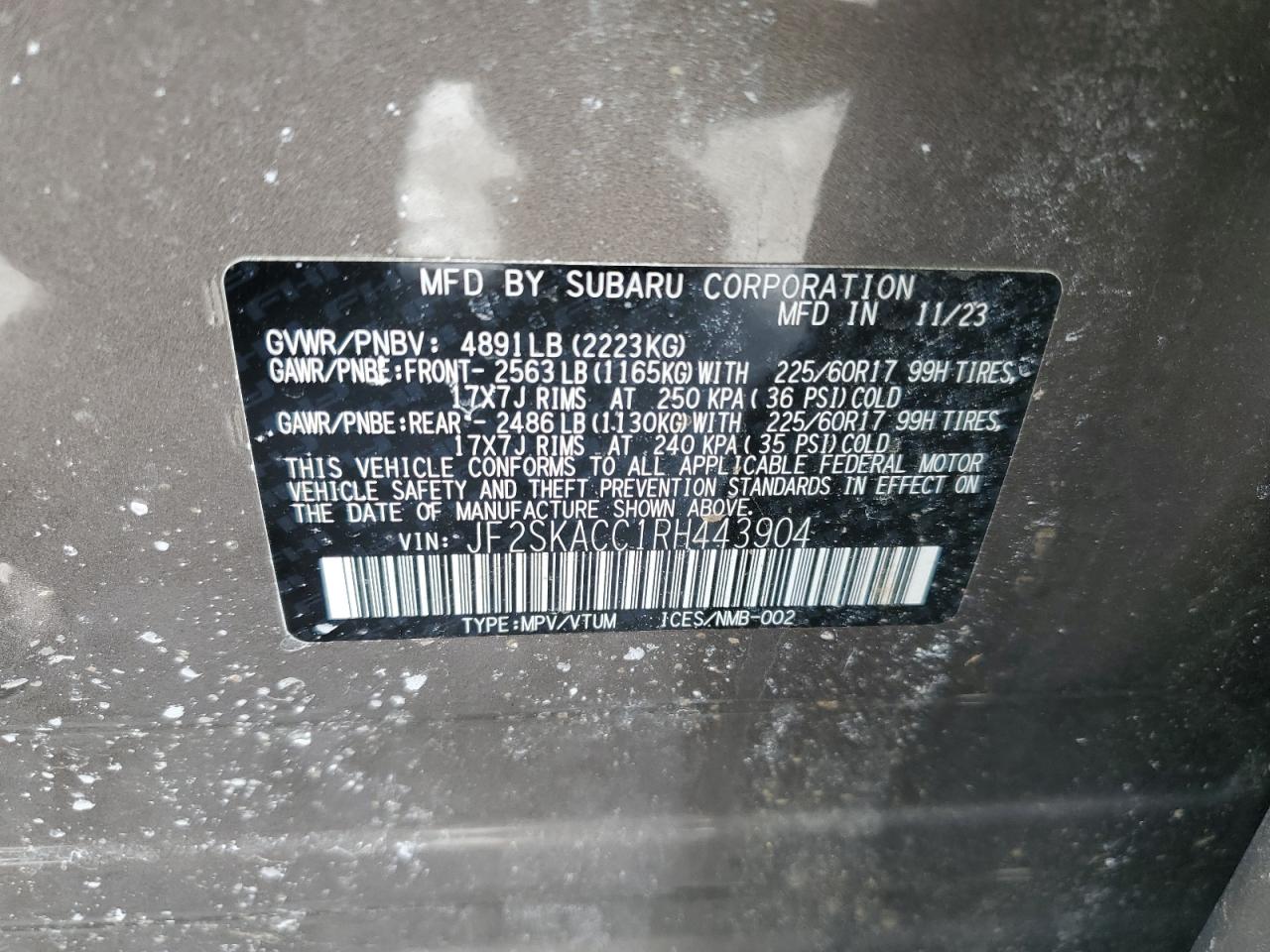 2024 SUBARU FORESTER PREMIUM VIN:JF2SKACC1RH443904