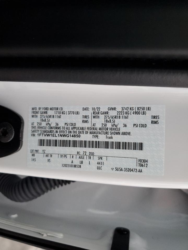 2022 FORD F150 LIGHTNING PRO VIN:1FTVW1EL1NWG14850