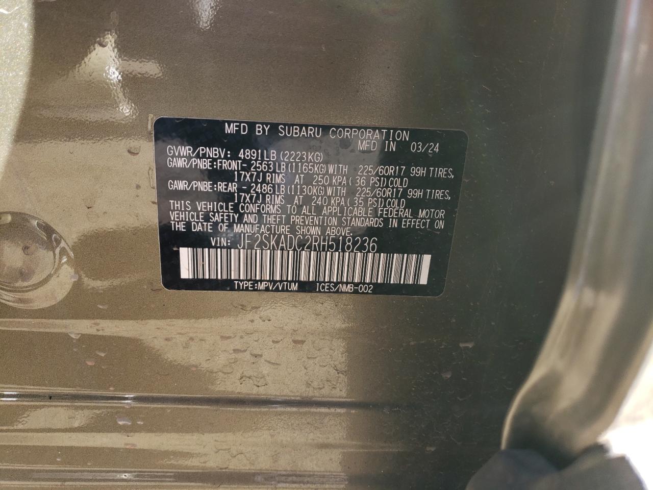 2024 SUBARU FORESTER PREMIUM VIN:JF2SKADC2RH518236