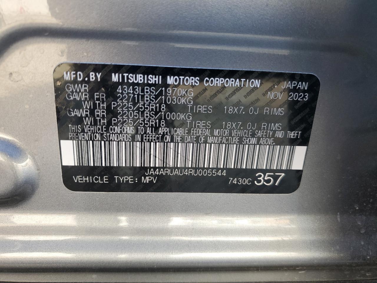 2024 MITSUBISHI OUTLANDER SPORT S/SE VIN:JA4ARUAU4RU005544