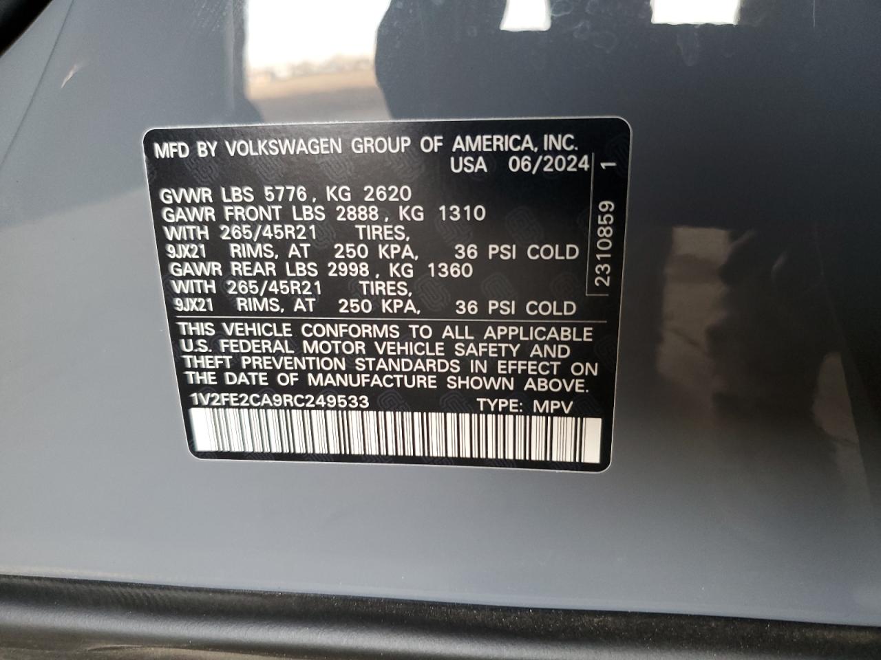 2024 VOLKSWAGEN ATLAS CROSS SPORT SEL PREMIUM R-LINE VIN:1V2FE2CA9RC249533