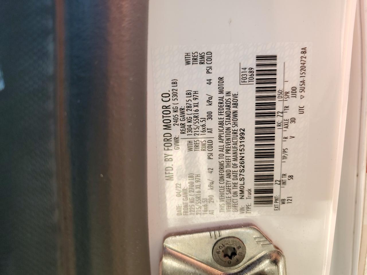 2022 FORD TRANSIT CONNECT XL VIN:NM0LS7S26N1531992