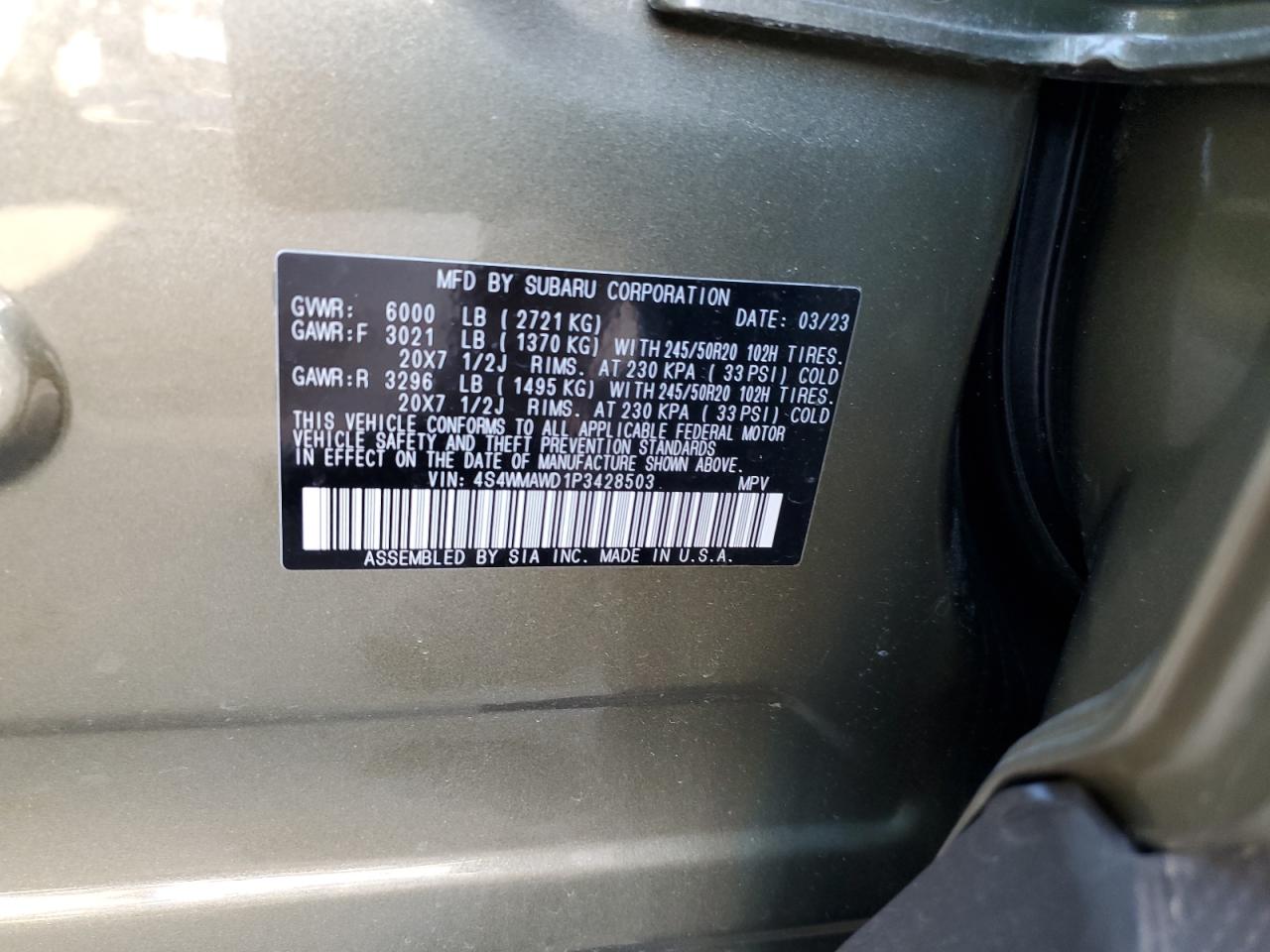 2023 SUBARU ASCENT TOURING VIN:4S4WMAWD1P3428503