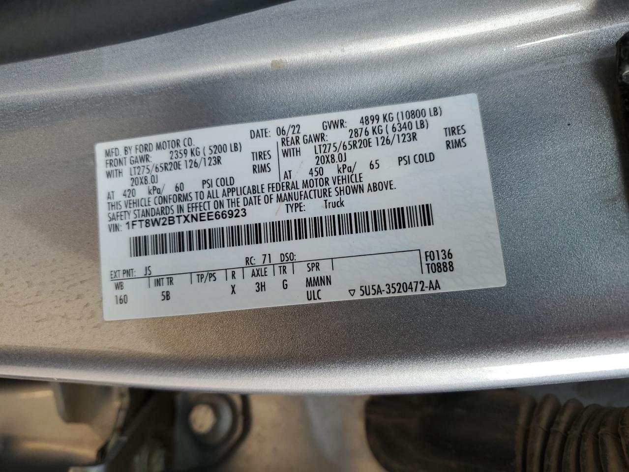 2022 FORD F250 SUPER DUTY VIN:1FT8W2BTXNEE66923