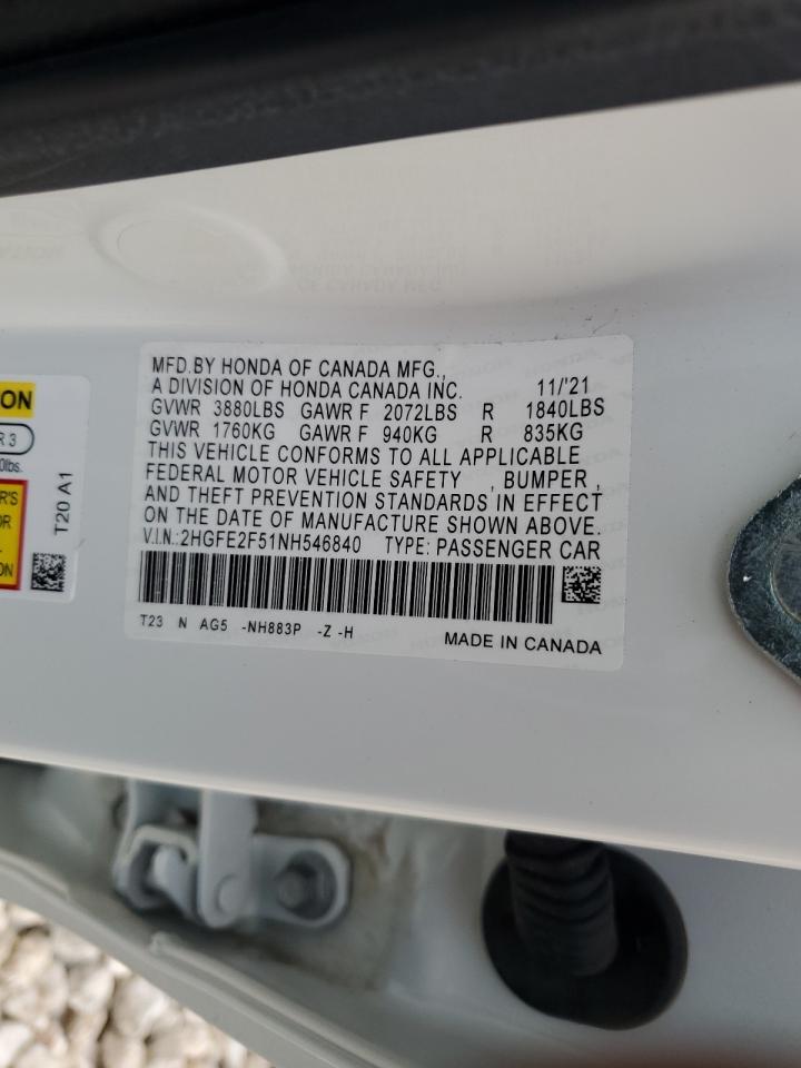 2022 HONDA CIVIC SPORT VIN:2HGFE2F51NH546840