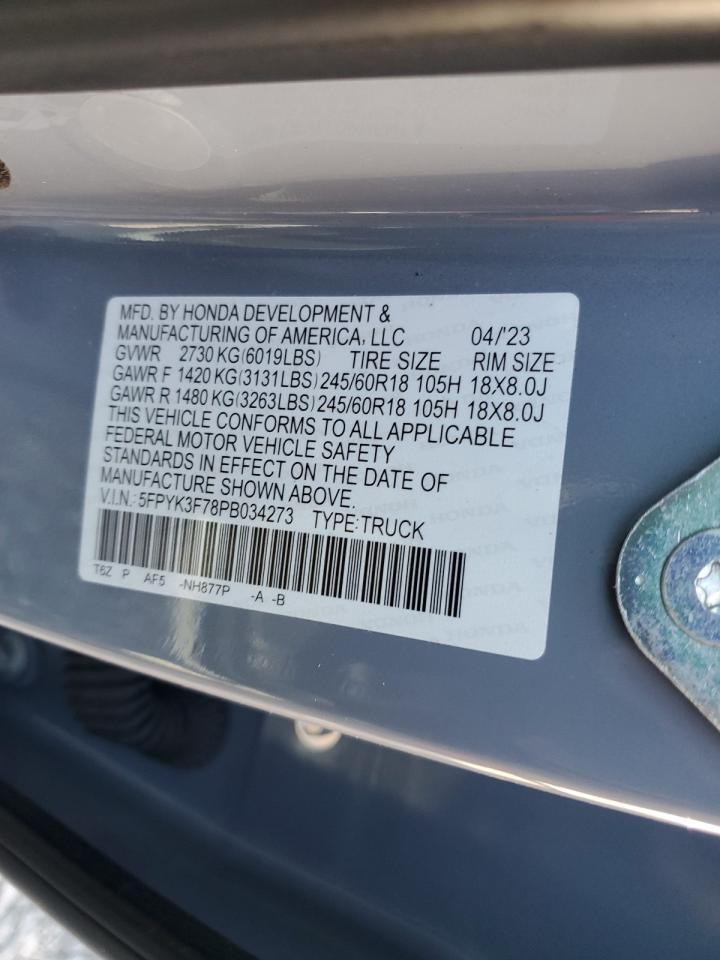 2023 HONDA RIDGELINE RTL-E VIN:5FPYK3F78PB034273