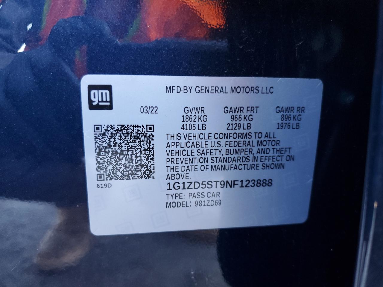 2022 CHEVROLET MALIBU LT VIN:1G1ZD5ST9NF123888