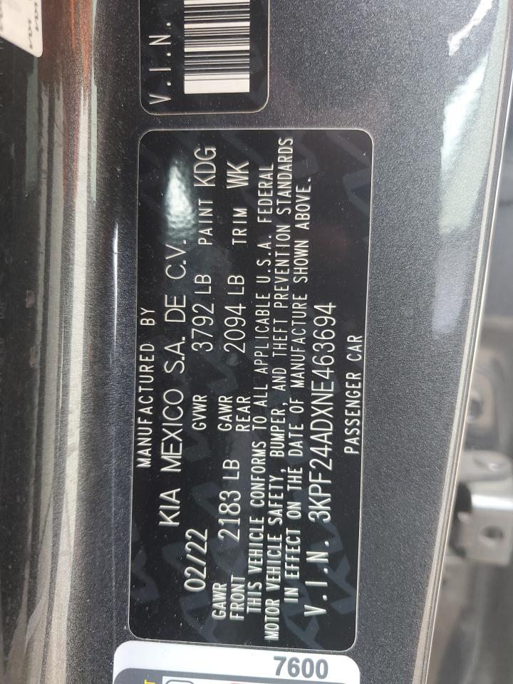 2022 KIA FORTE FE VIN:3KPF24ADXNE463694