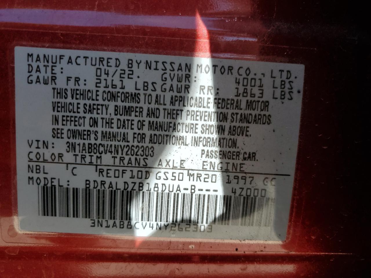 2022 NISSAN SENTRA SV VIN:3N1AB8CV4NY262303