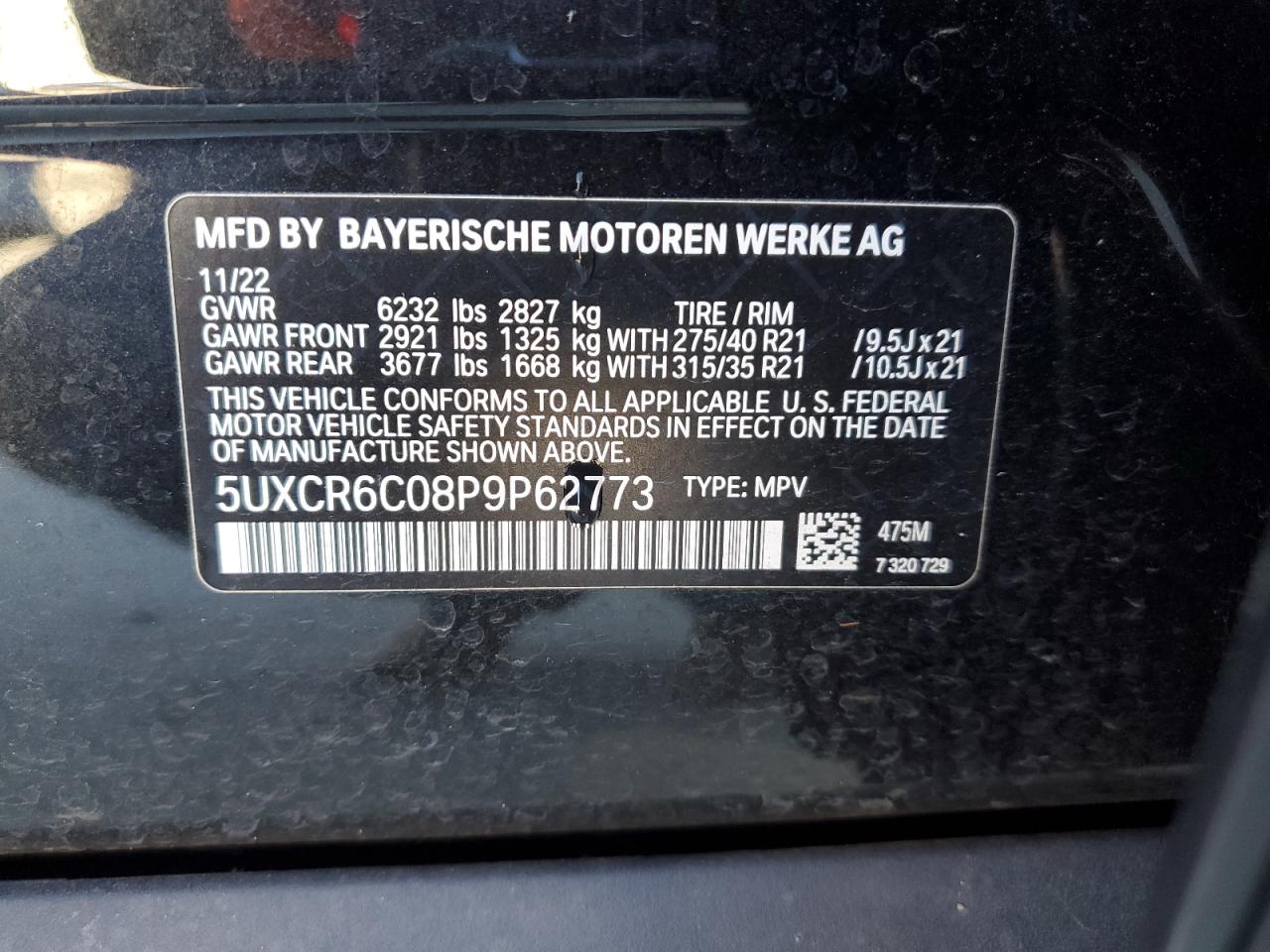 2023 BMW X5 XDRIVE40I VIN:5UXCR6C08P9P62773