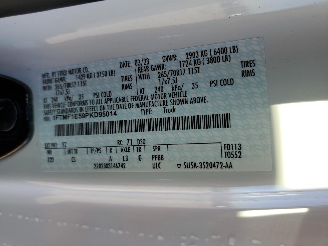 2023 FORD F150  VIN:1FTMF1E59PKD95014