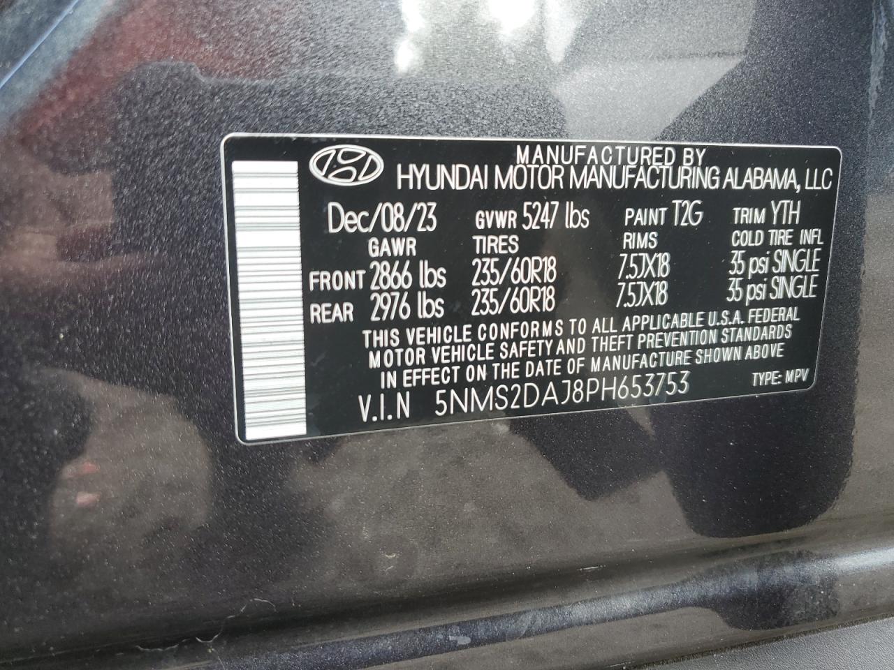 2023 HYUNDAI SANTA FE SEL VIN:5NMS2DAJ8PH653753