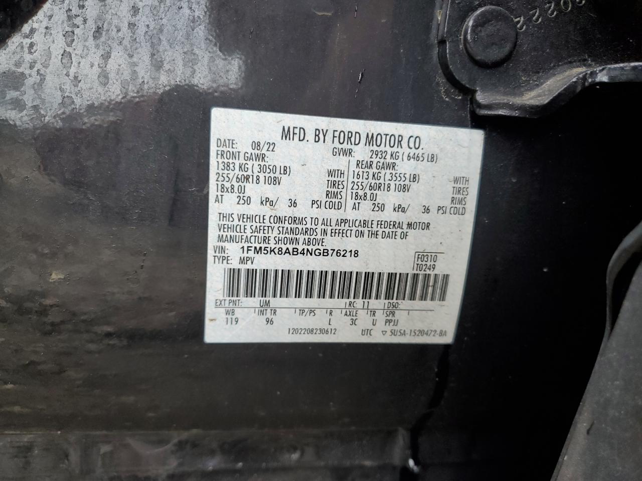 2022 FORD EXPLORER POLICE INTERCEPTOR VIN:1FM5K8AB4NGB76218