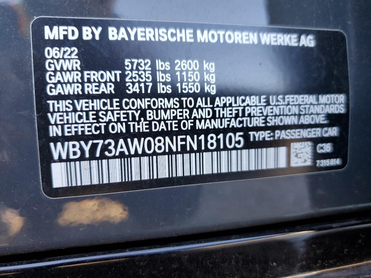 2022 BMW I4 EDRIVE 40 VIN:WBY73AW08NFN18105