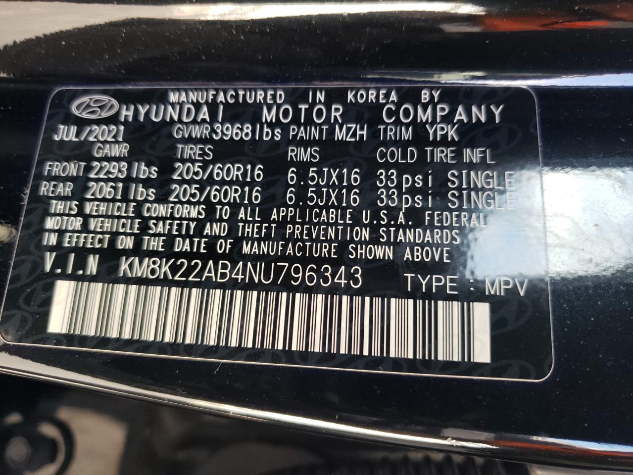 2022 HYUNDAI KONA SEL VIN:KM8K22AB4NU796343