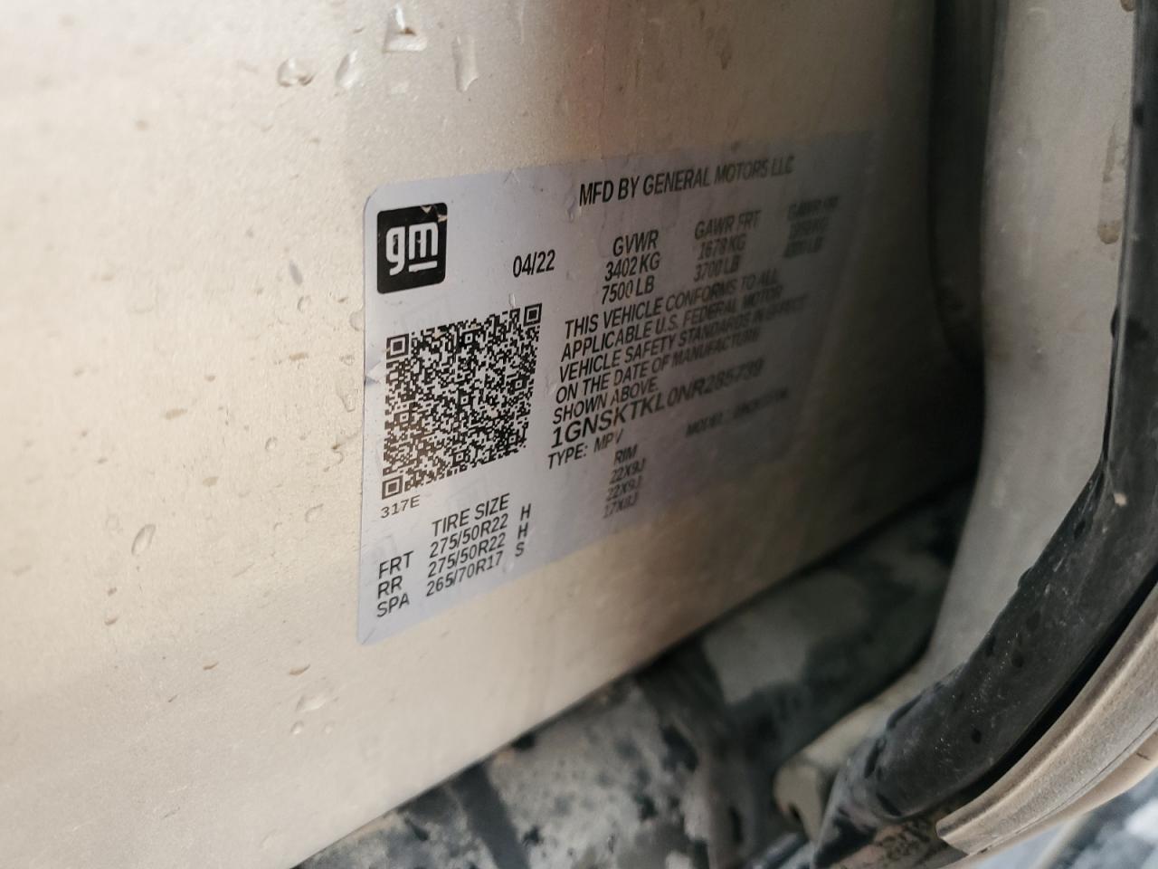 2022 CHEVROLET TAHOE K1500 HIGH COUNTRY VIN:1GNSKTKL0NR285739