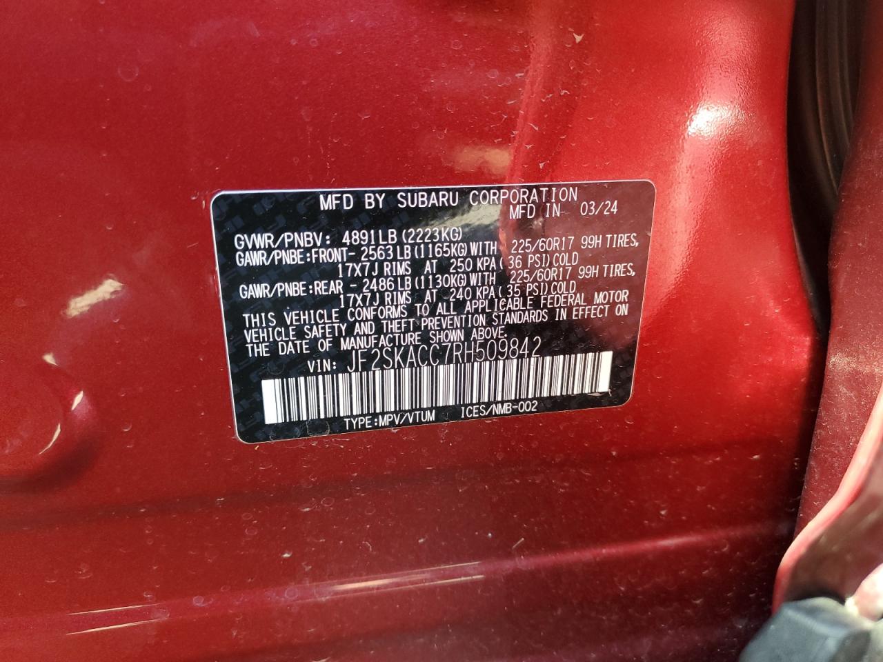 2024 SUBARU FORESTER PREMIUM VIN:JF2SKACC7RH509842