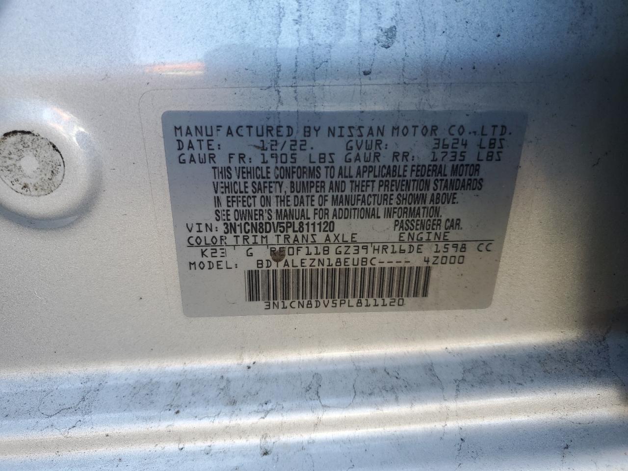 2023 NISSAN VERSA S VIN:3N1CN8DV5PL811120