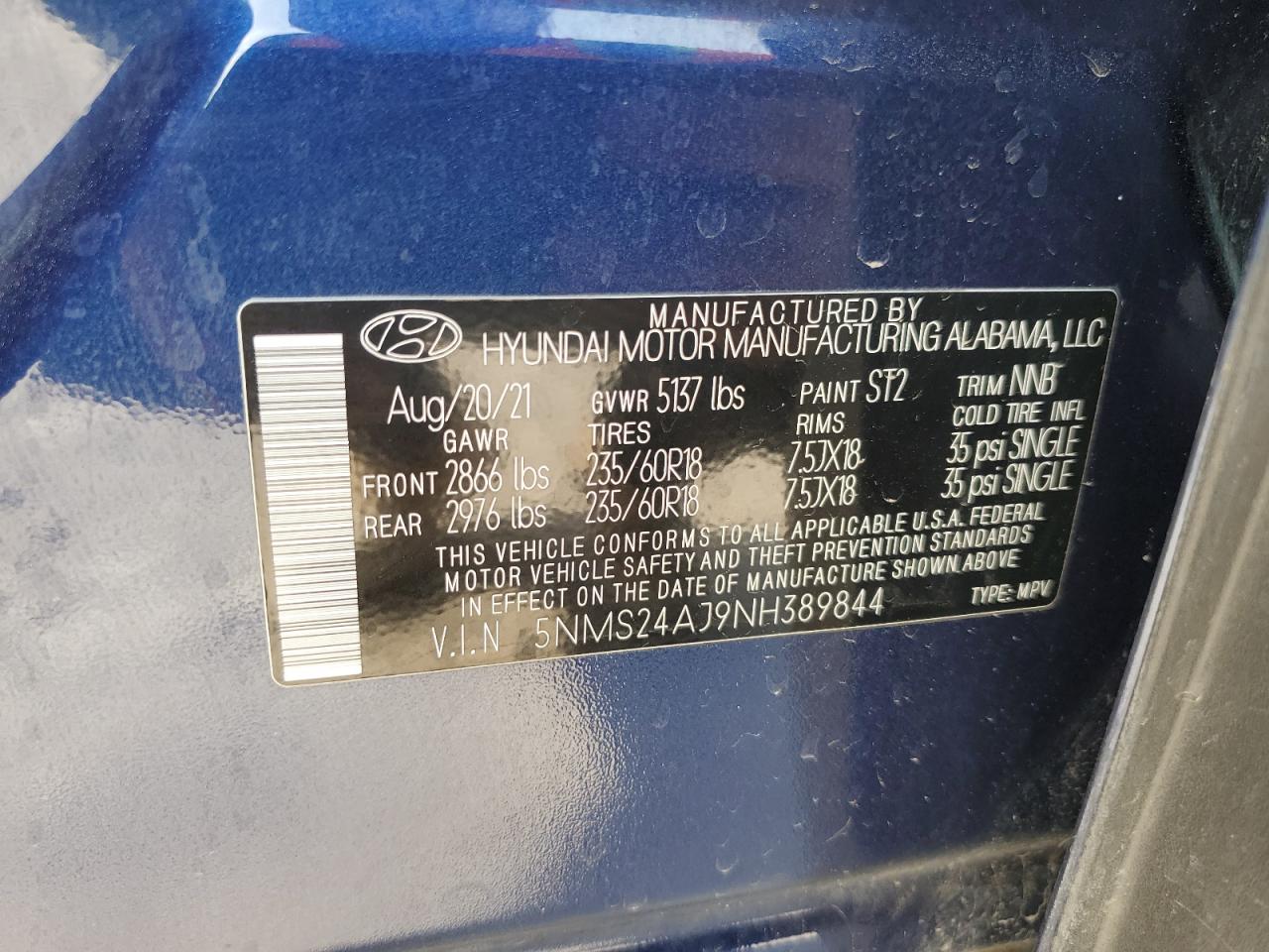 2022 HYUNDAI SANTA FE SEL VIN:5NMS24AJ9NH389844